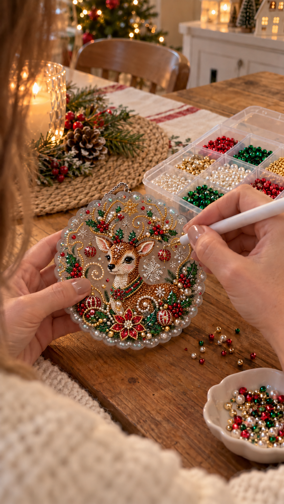 Merry Nest DIY Christmas ornament with translucent smoky-gray scalloped base