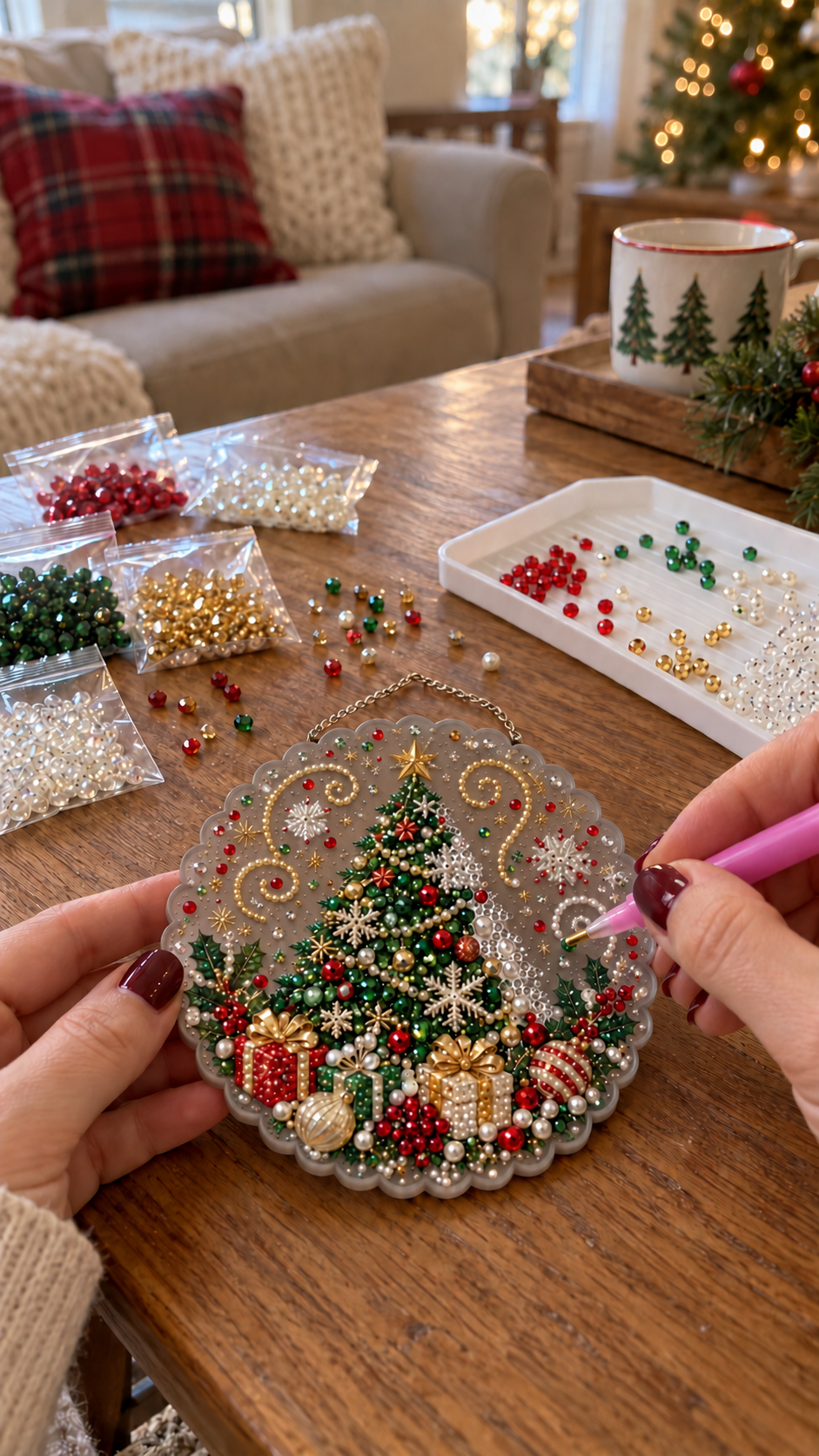 Merry Nest DIY Christmas ornament with translucent smoky-gray scalloped base